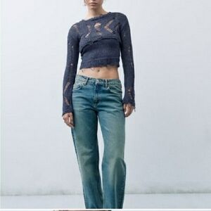 Zara Black Distressed Knit Crop Sweater